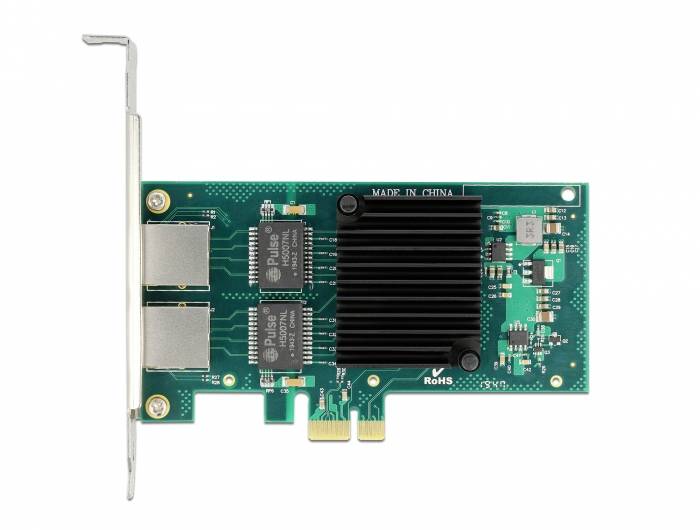 Netzwerkkarte mit zwei Ethernet-Anschlüssen und Kühlkörper auf einer grünen Leiterplatte.