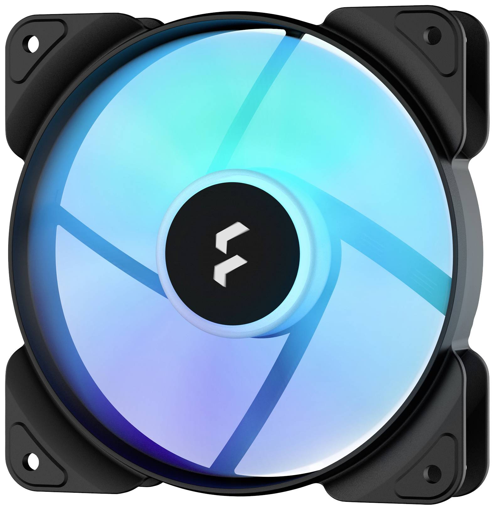 Ein LED-Computerlüfter mit blauem, rotierendem Licht. Schwarzer Rahmen, zentrales Logo, quadratische Form. Optimiert Kühlung.