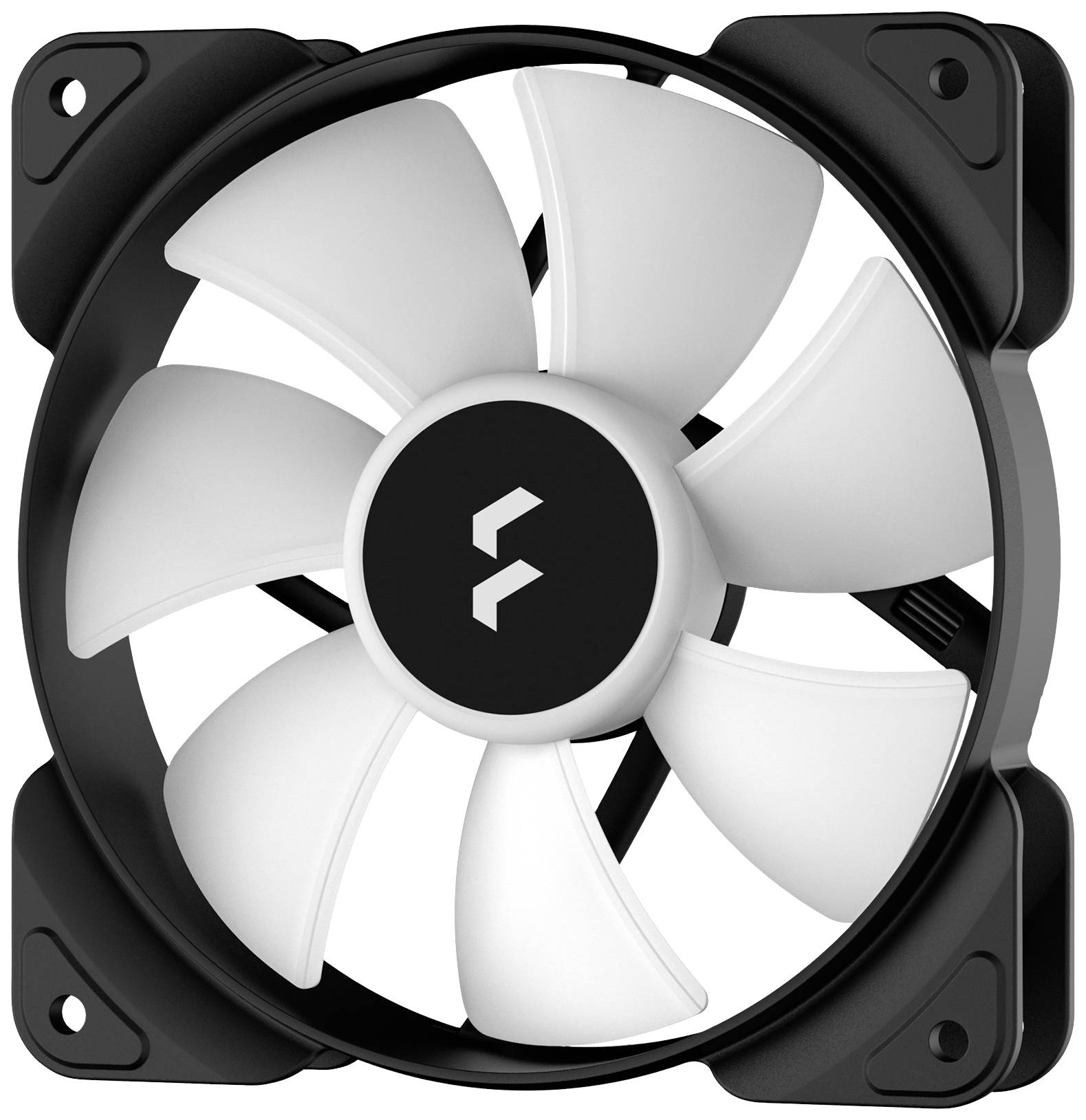 Ein schwarzer Computerlüfter mit einem weißen, sechsschaufeligen Ventilator, montiert in einem quadratischen Rahmen.