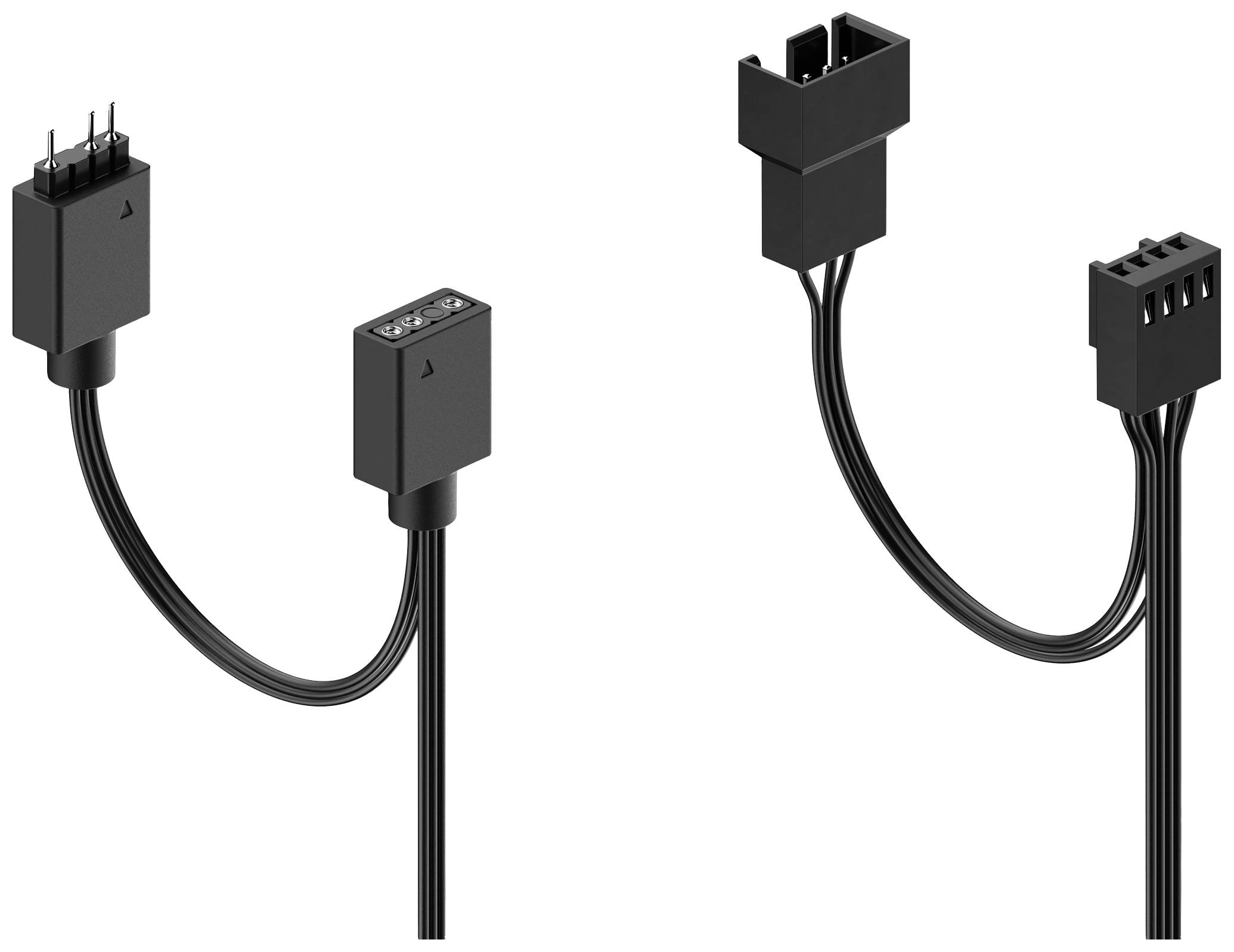 Zwei schwarze Kabel mit Stecker: links ein drei-poliger, rechts ein vier-poliger. Beide Kabelenden sind offen zum Anschließen.