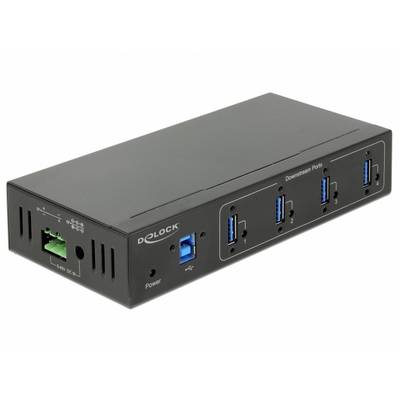 Ein schwarzer USB-Hub mit vier blauen USB-Ports auf der Vorderseite. Anschlüsse für Strom und Daten sind ebenfalls sichtbar.