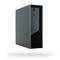 Ein schwarzer, kompakter Computer-Tower mit USB- und Audioanschlüssen auf der Vorderseite, leicht schräg von vorne gezeigt.