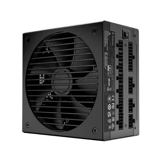 Ein schwarzes Computernetzteil mit Lüfter und mehreren Kabelanschlüssen auf der rechten Seite.