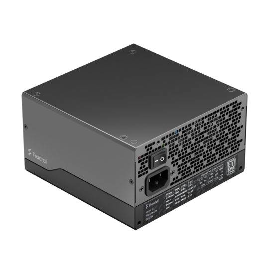 Schwarzes Computernetzteil von Fractal mit 80 Plus Bronze Zertifizierung, Netzschalter und Lüftergitter auf der Rückseite.