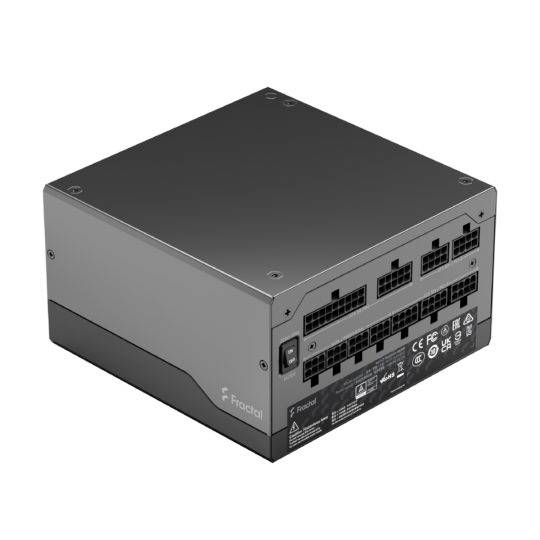 Ein schwarzes PC-Netzteil mit modularen Anschlüssen und technischen Spezifikationen auf der Seite.
