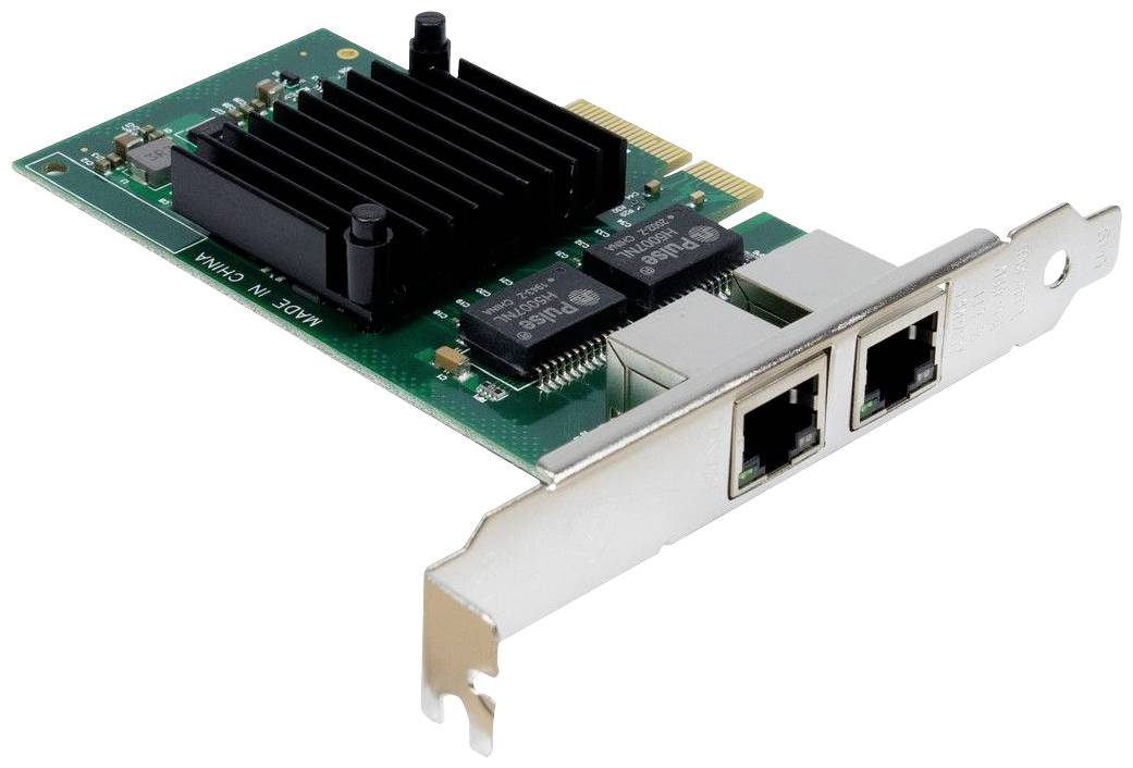 'Netzwerkkarte mit zwei Ethernet-Anschlüssen und Kühlkörper, PCIe-Schnittstelle, grüne Leiterplatte.'