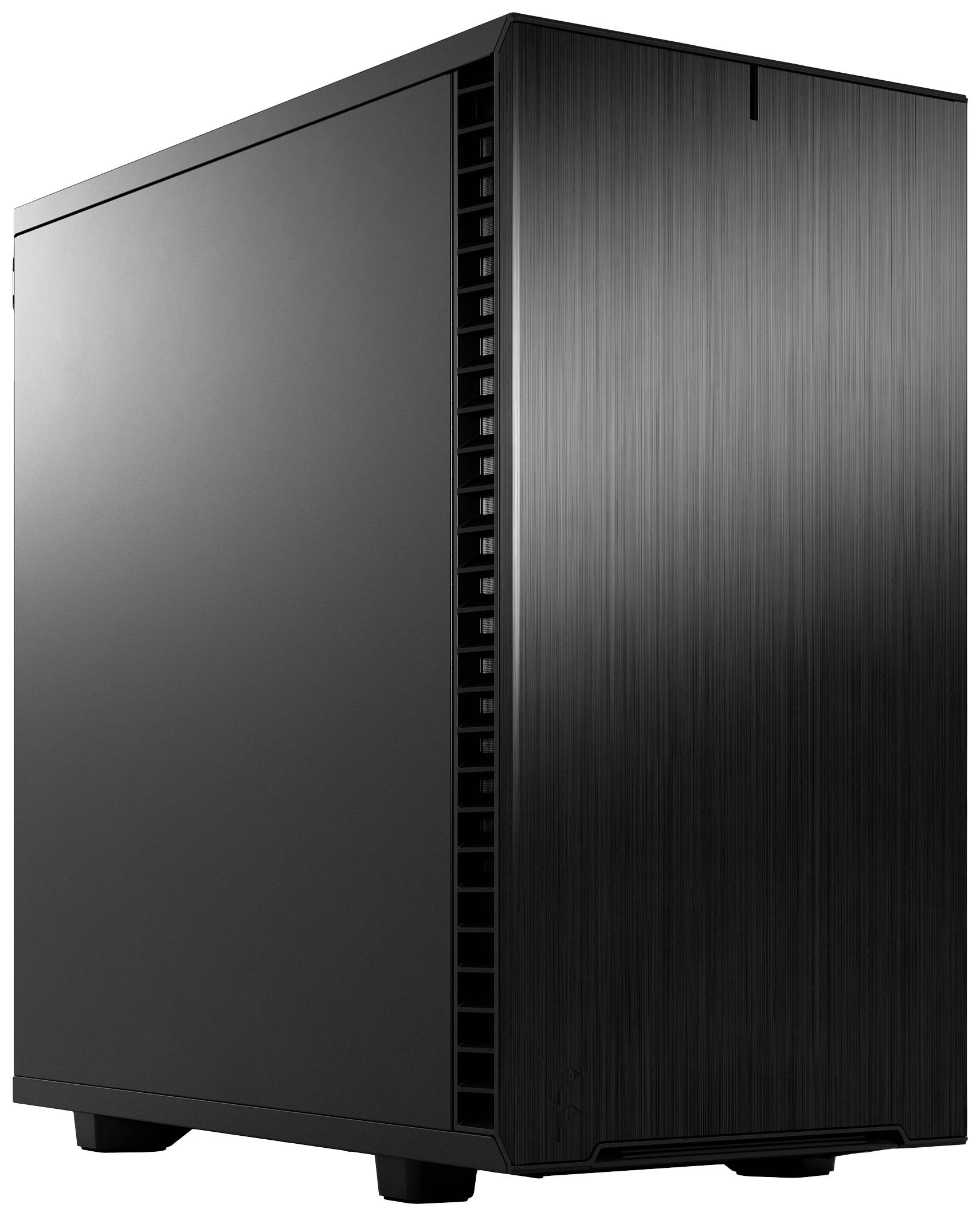 Ein schwarzes Computergehäuse mit glatter Oberfläche und Seitenbelüftung steht aufrecht.