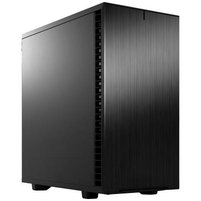 Ein schwarzes Computergehäuse mit glatter Oberfläche und Seitenbelüftung steht aufrecht.