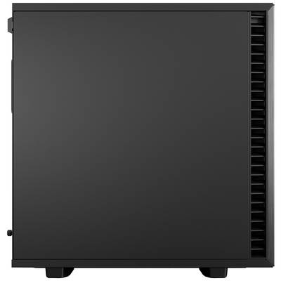 Ein schwarzes Computergehäuse mit glatter Oberfläche und Lüftungsschlitzen an der Seite steht vor einem weißen Hintergrund.