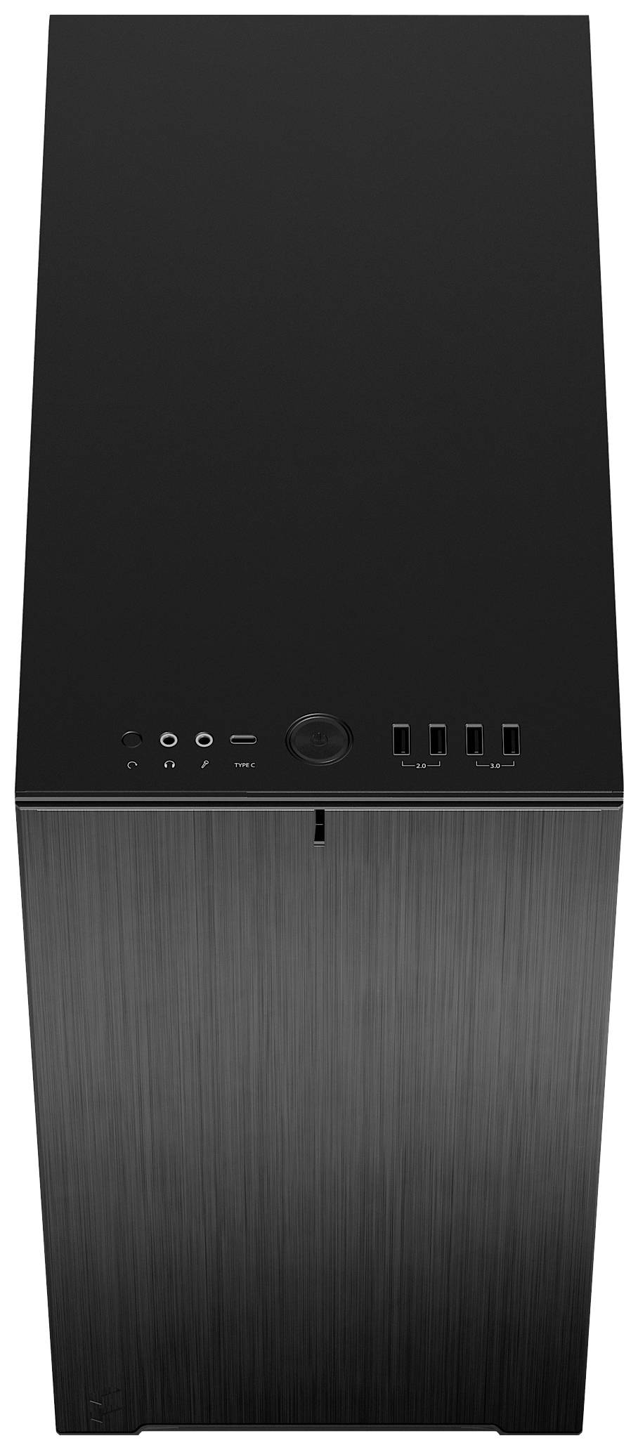 Eine schwarze, minimalistische Computergehäuse-Front mit USB-Anschlüssen und Power-Knopf oben sichtbar.