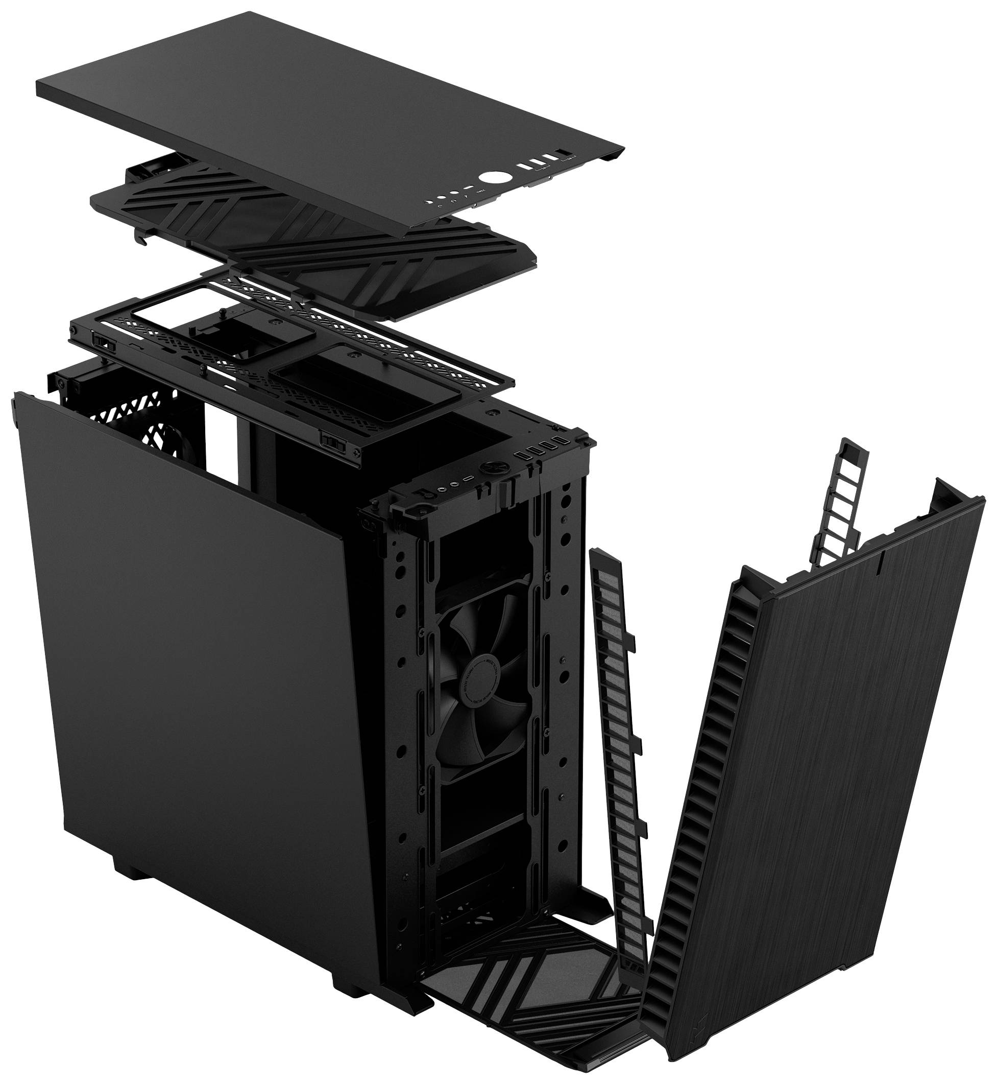 Explodierte Ansicht eines Computergehäuses, das verschiedene Komponenten und das Layout zeigt. Enthält Lüfter und Montageplätze.
