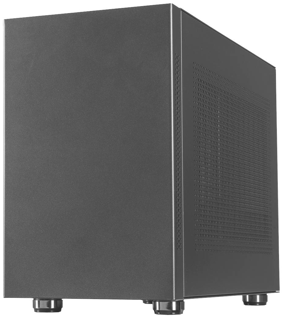 Ein schwarzes Computergehäuse mit Lüftungsschlitzen an der Seite und vier Standfüßen.