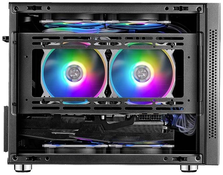 Ein offenes PC-Gehäuse mit beleuchteten Lüftern in Regenbogenfarben und sichtbarer interner Hardware.