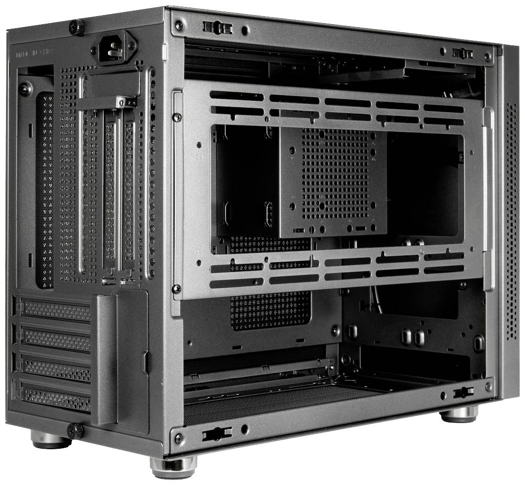 Schwarzes PC-Gehäuse in rechteckiger Form, ohne Komponenten, mit mehreren Befestigungspunkten und Lüftungsschlitzen auf zwei Seiten.