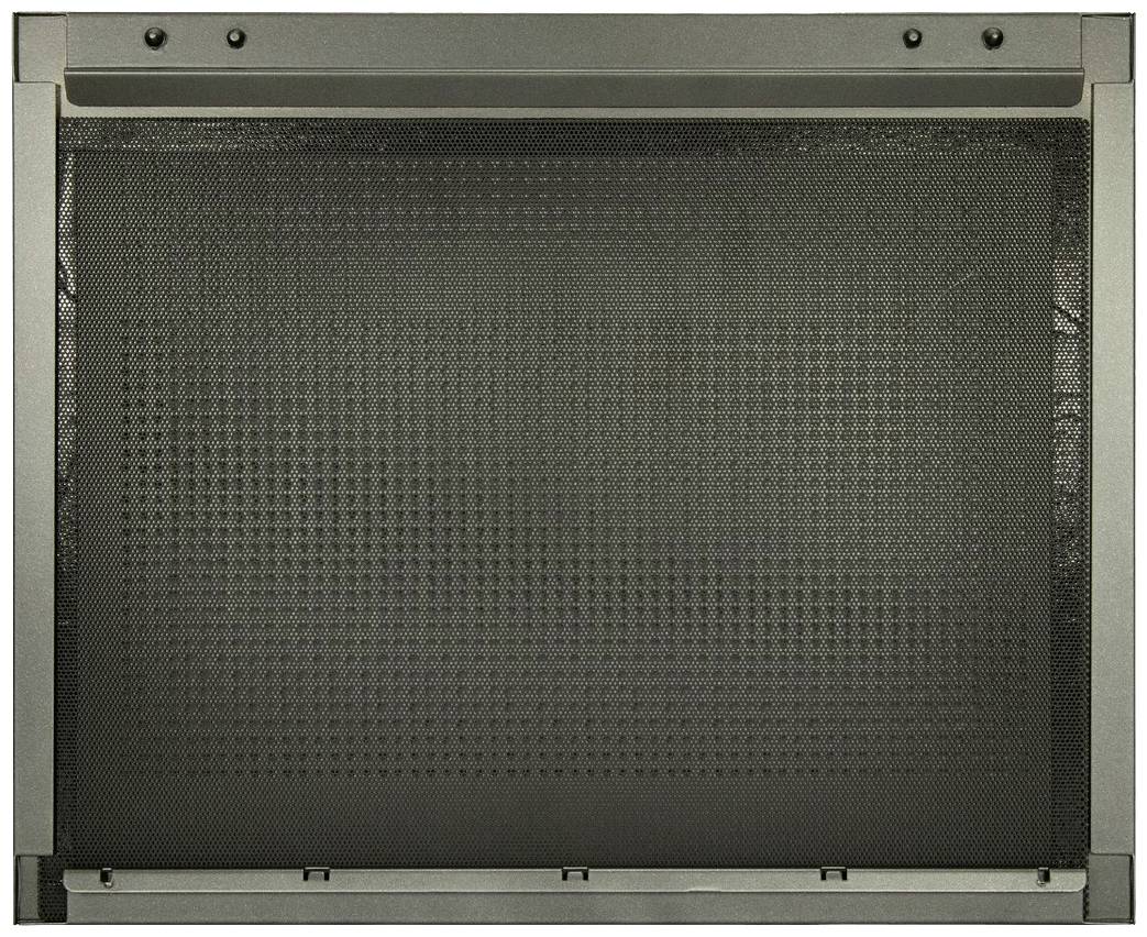 Ein schwarzes rechteckiges Maschengitter, eingerahmt von einem grauen Metallrahmen.