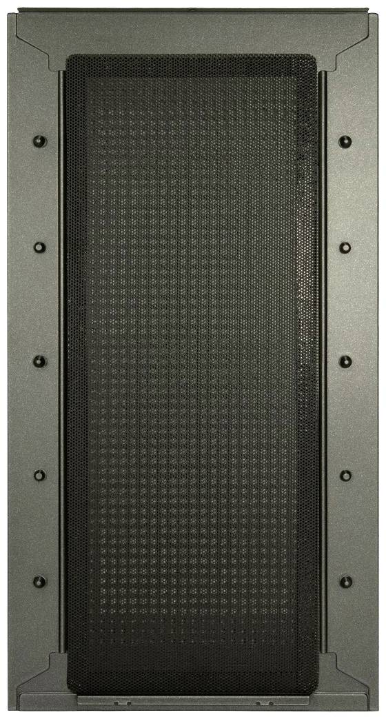 Schwarzes Computerrack mit perforierter Metallfront, geschlossen, vertikal ausgerichtet.