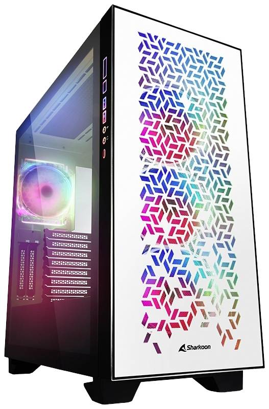 Ein schwarzes Computergehäuse mit RGB-Beleuchtung. Die Frontblende zeigt ein geometrisches Muster aus buntem Licht, das von innen leuchtet.