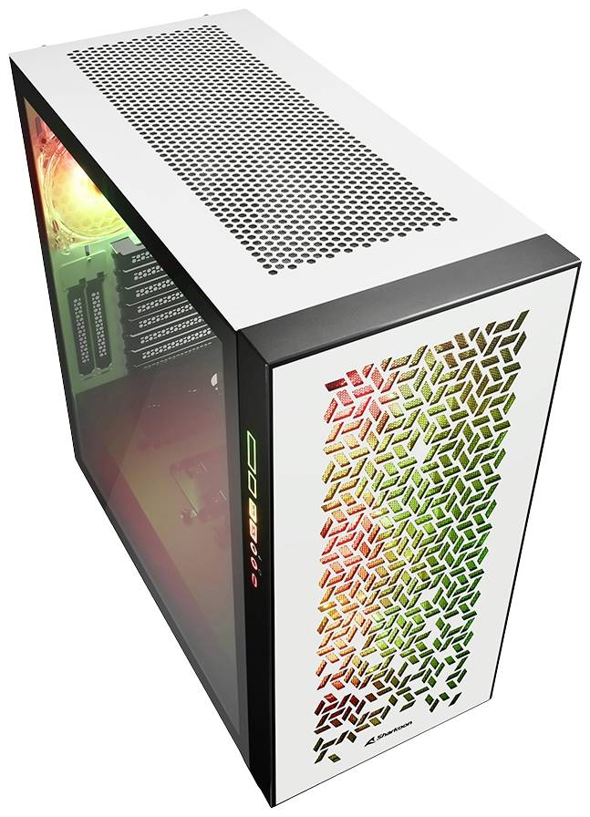 Weißes PC-Gehäuse mit transparentem Seitenteil und farbig beleuchtetem Lüfter. Frontgitter mit geometrischem Muster.