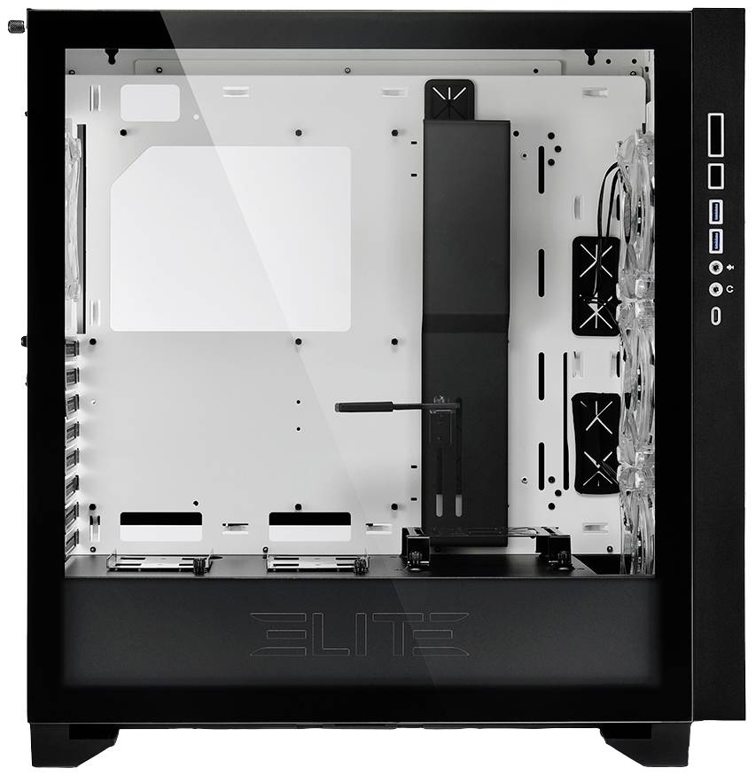 Ein leerer Computergehäuse zeigt Platz für Mainboard, Lüfter und Speichermedien, geeignet für individuelle PC-Bauprojekte.