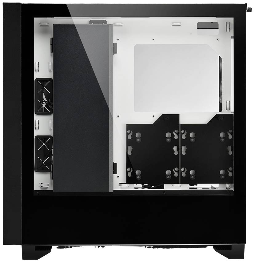 Schwarzes Computergehäuse mit transparentem Seitenfenster, zeigt Innenraum für Hardware-Komponenten, geeignet für individuelle PC-Builds.