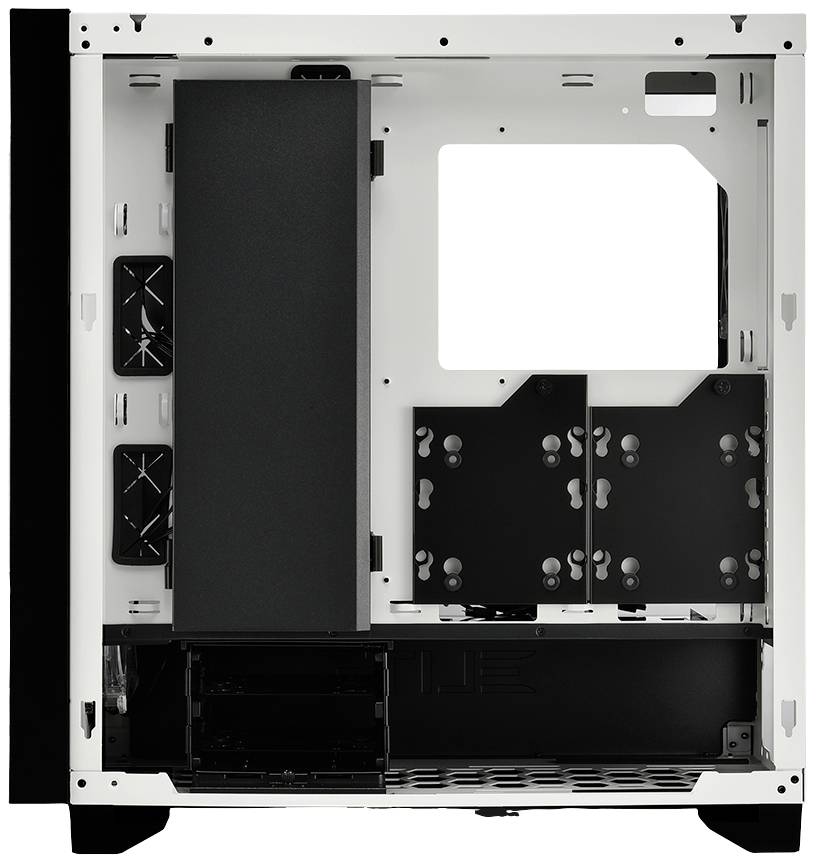 Ein offener, leerer Computergehäuse mit Platz für Komponenten. Weißes Interieur, schwarze Abdeckung, Halterungen für Festplatten sichtbar.