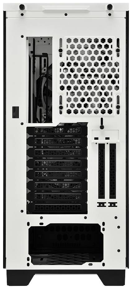 Rückansicht eines weißen Computergehäuses mit mehreren PCI-Steckplätzen, Lüfteröffnung oben, und zusätzlichem Platz für Erweiterungskarten.