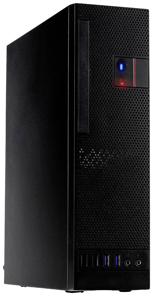 Schwarzes Computergehäuse mit USB-Anschlüssen und beleuchtetem Schalter an der Vorderseite.