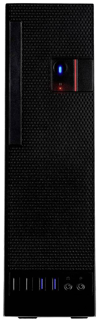 Ein schwarzer PC-Tower mit blauer Betriebsanzeige und USB-Anschlüssen an der Vorderseite.