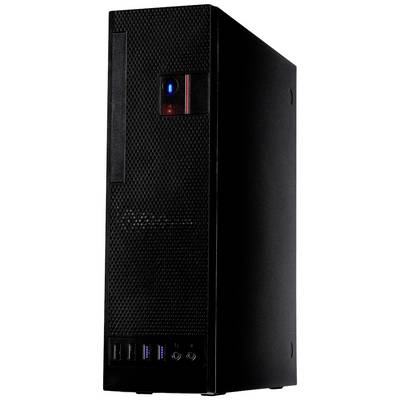 Ein schwarzer Desktop-Computer mit USB-Anschlüssen und Kopfhörerbuchse an der Vorderseite.