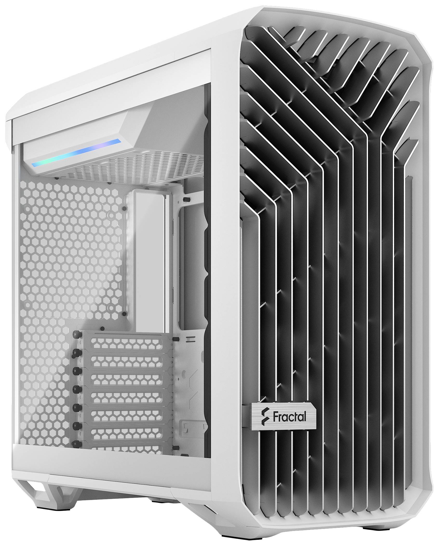 Ein weißes PC-Gehäuse mit einem modernen, gerillten Frontdesign und transparenten Seitenteil. Marke 'Fractal' auf der Front.