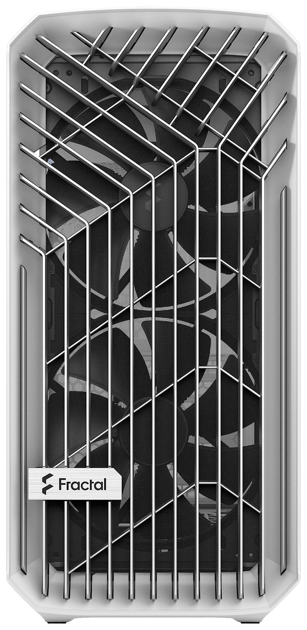 Computergrafik eines weißen Computergehäuses mit Metallgitter an der Vorderseite. Markenlogo 'Fractal' sichtbar.