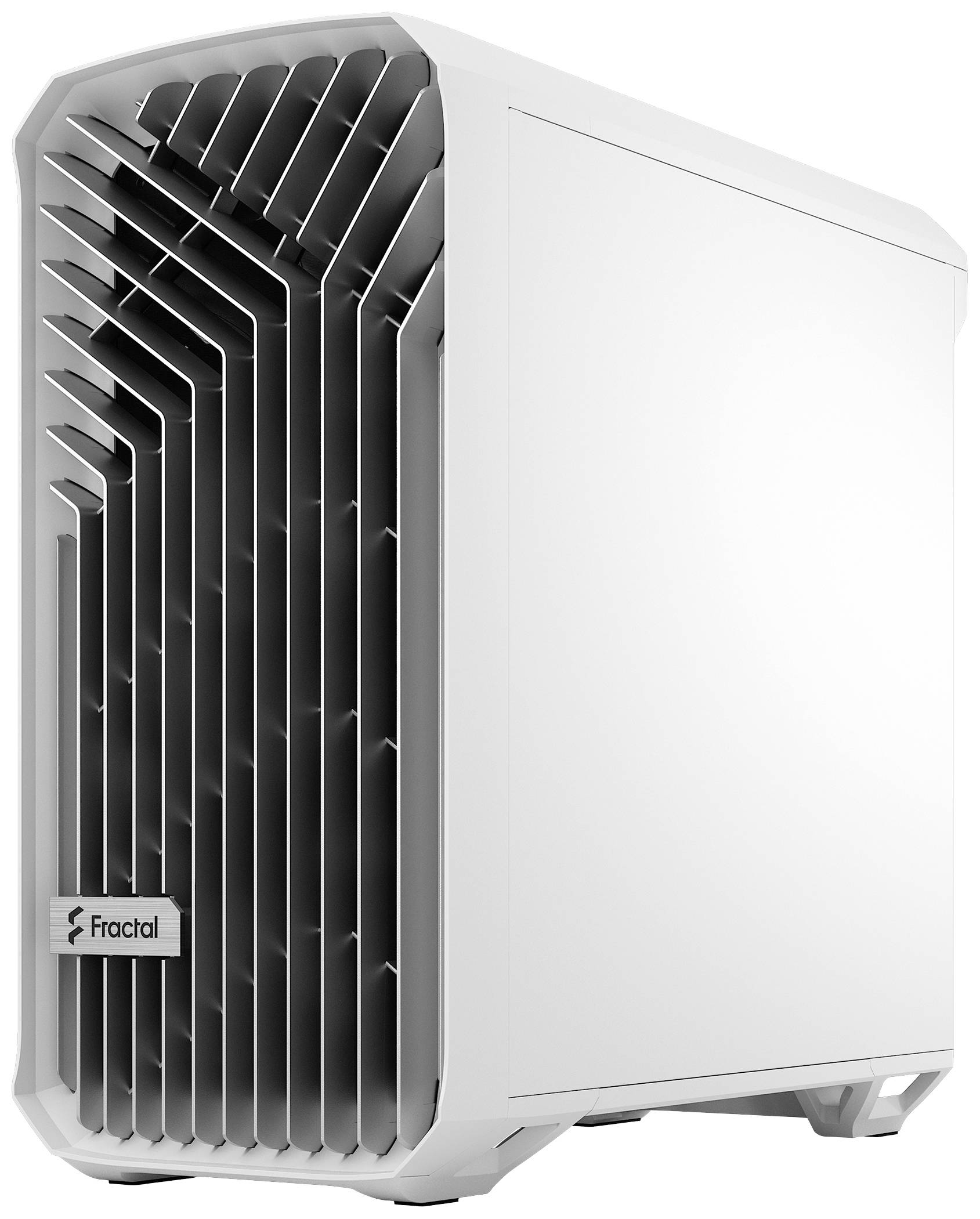 Weiße Computergehäuse mit markanten Lüftungsschlitzen an der Vorderseite und glattem Design. Logo 'Fractal' auf der Front sichtbar.