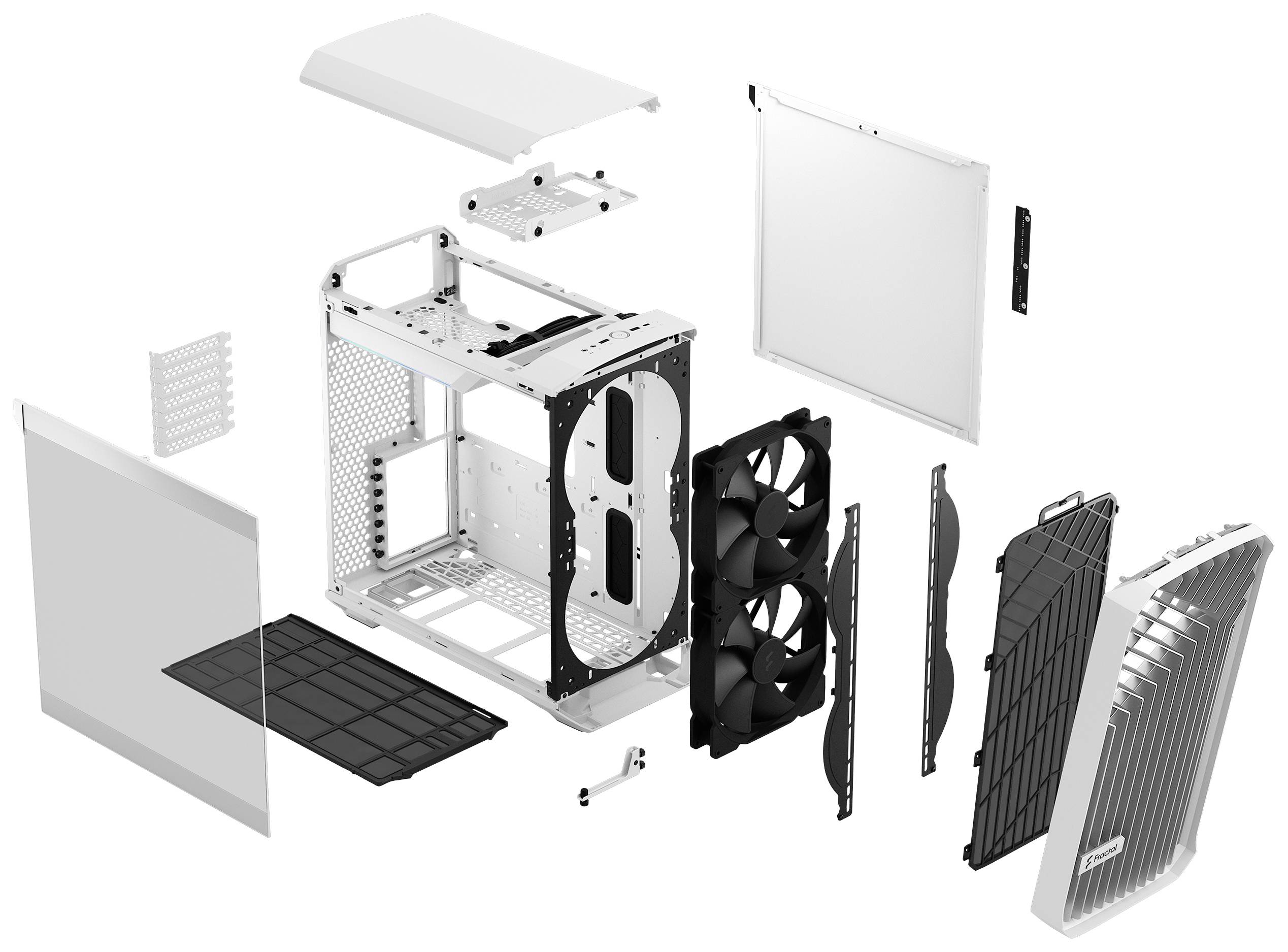 Explodierte Darstellung eines Computergehäuses mit sichtbaren Teilen wie Lüfter, Seitenwände und Staubfilter, die um das Gehäuse angeordnet sind.
