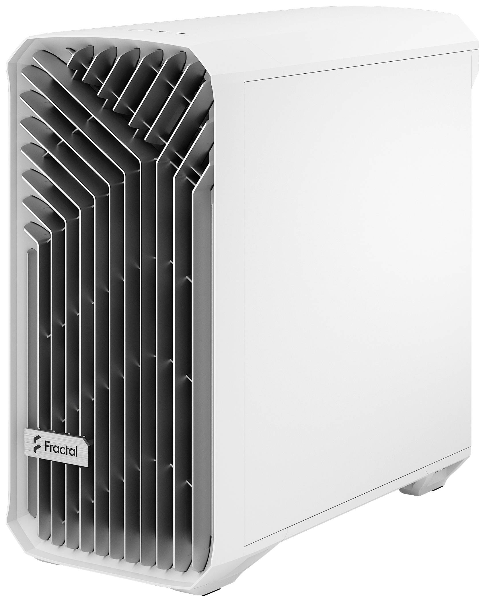 Weißes Computergehäuse mit geöffneter Front, das interne Lüftung und Hardware-Zugänglichkeit zeigt. Markierung 'Fractal' auf der Vorderseite.