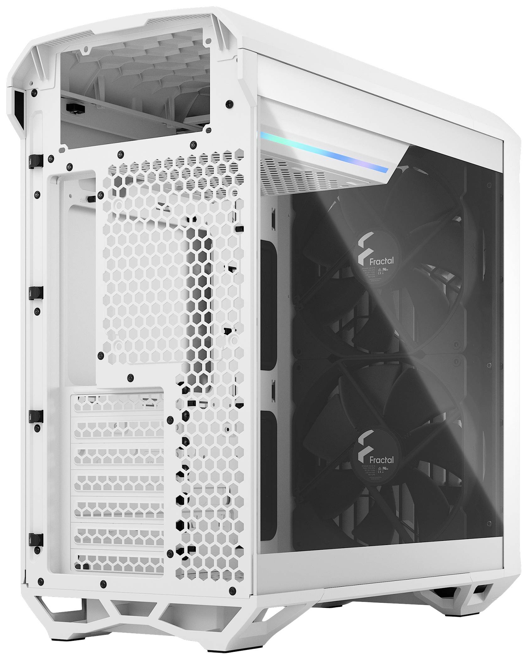 Ein weißes Computergehäuse mit durchsichtiger Seitenwand und integrierten Lüftern. Es zeigt technisches Design und Funktionalität.