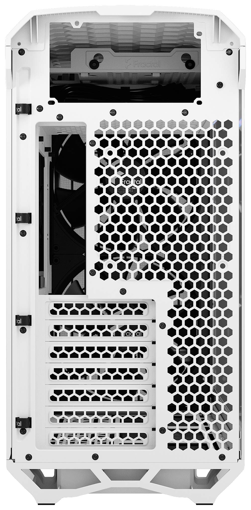 Weißes Computergehäuse von hinten mit Lüftergitter und mehreren Erweiterungskarten-Slots, geeignet für PC-Hardware-Aufbau und -Kühlung.