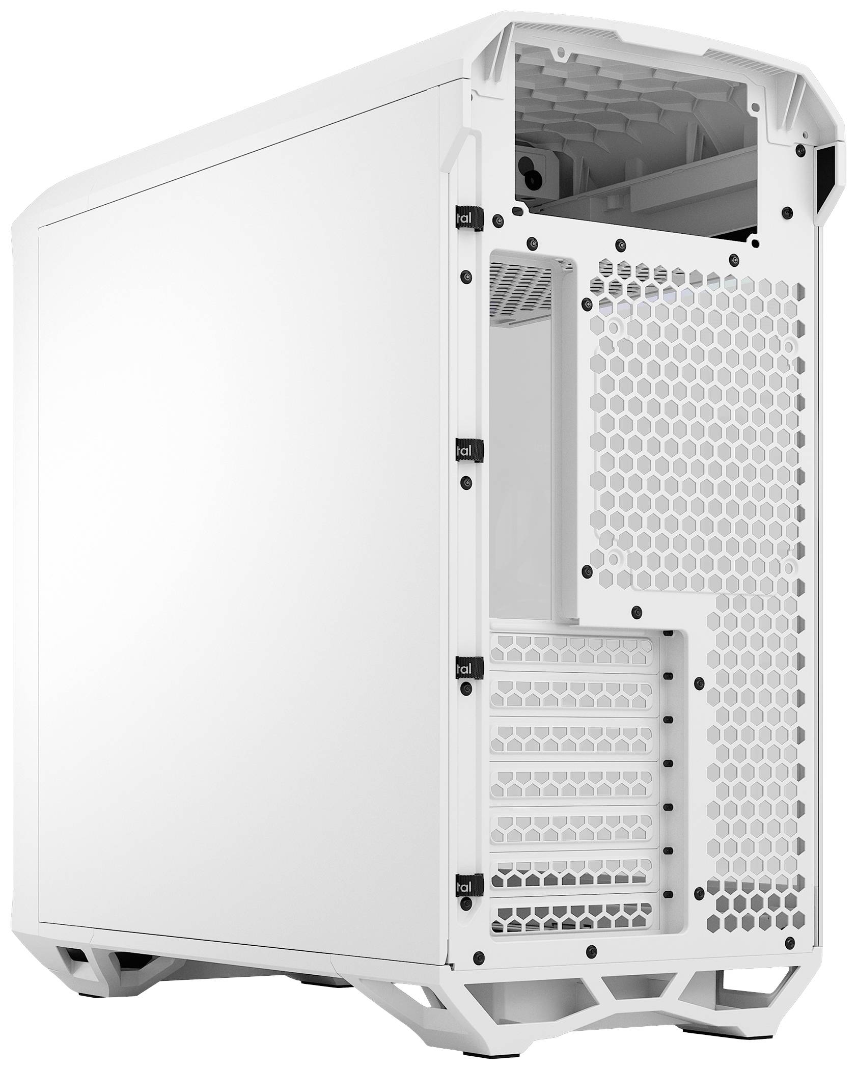 Weißes Computergehäuse mit sechseckigem Belüftungsmuster auf der Rückseite, geeignet für den Zusammenbau eines PCs.