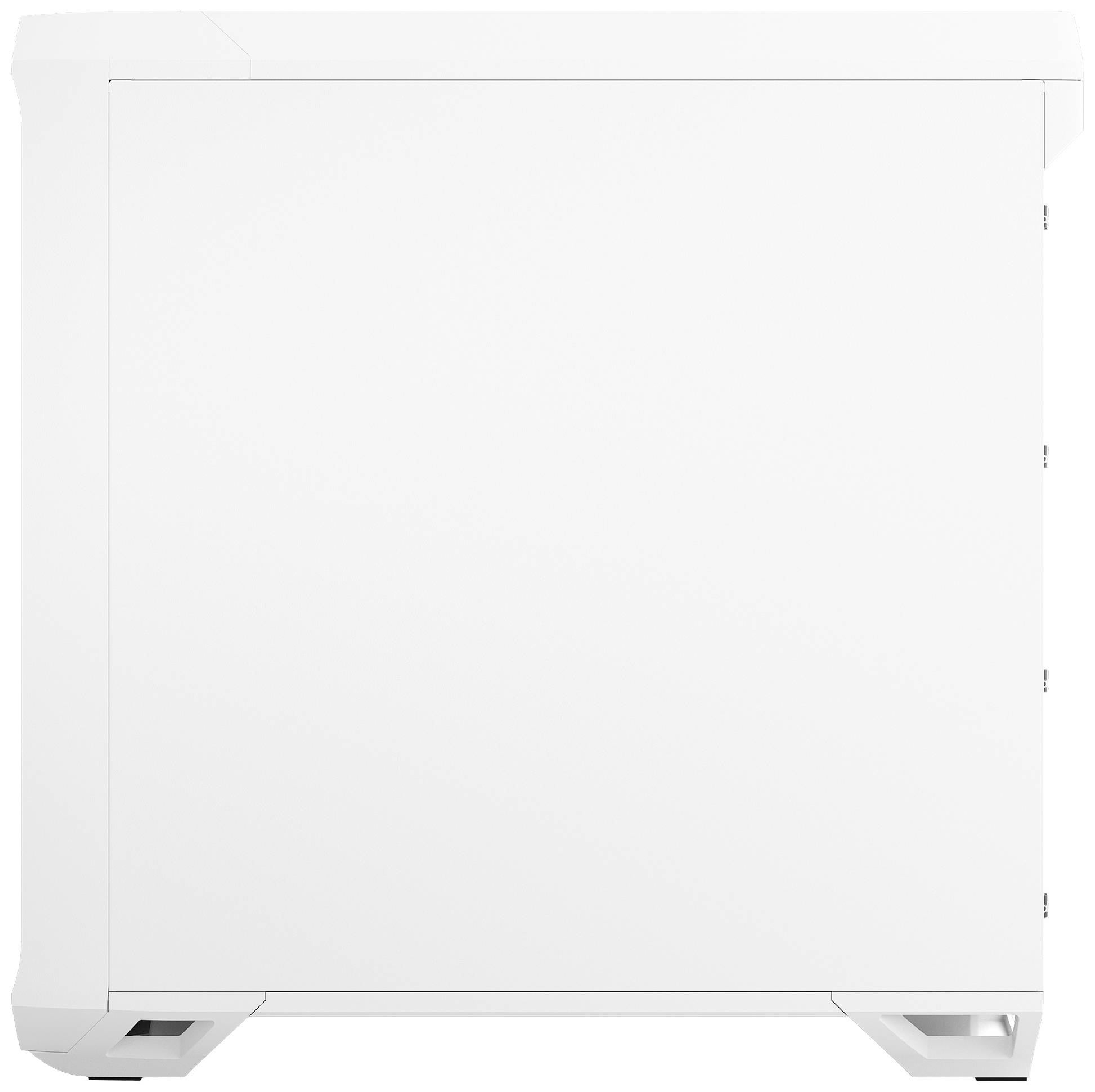 Ein weißes Computergehäuse in Seitenansicht, schlichtes Design ohne sichtbare Marken oder Abzeichen, steht auf dem Boden.