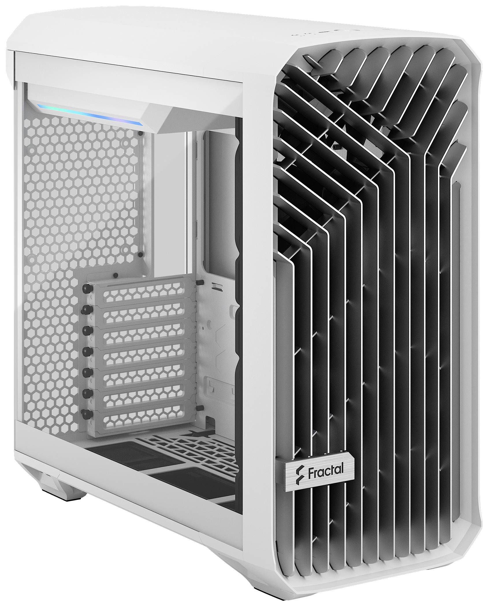 Ein weißes, leeres Computergehäuse mit seitlichem Sichtfenster. Es zeigt Belüftungsgitter an der Vorderseite und leere Innenfächer.