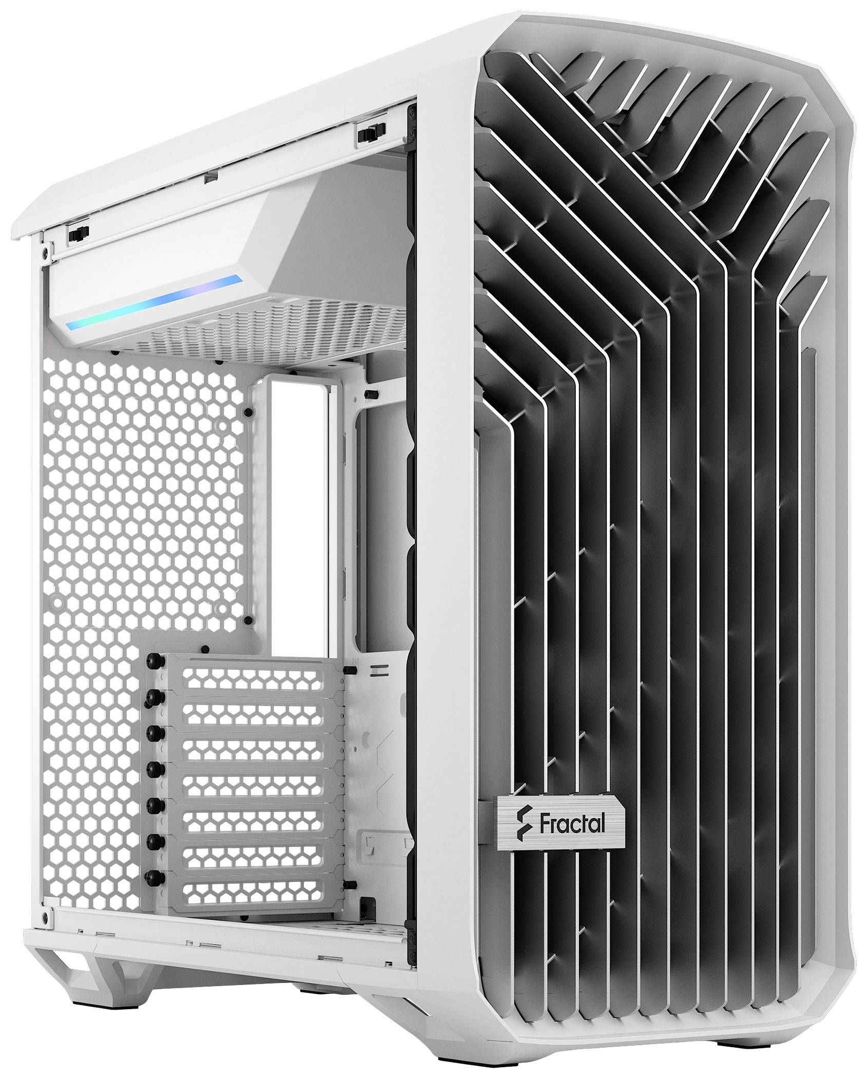 Ein weißes Computergehäuse mit einem markanten Lüftungsgitter und einem offenen Innenraum, geeignet für den Einbau von PC-Komponenten.