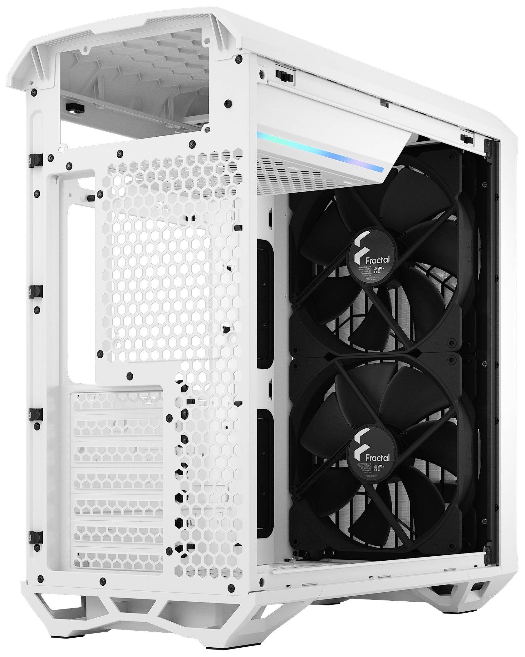 Ein weißes Computergehäuse mit zwei großen Lüftern und offenem Innenraum.