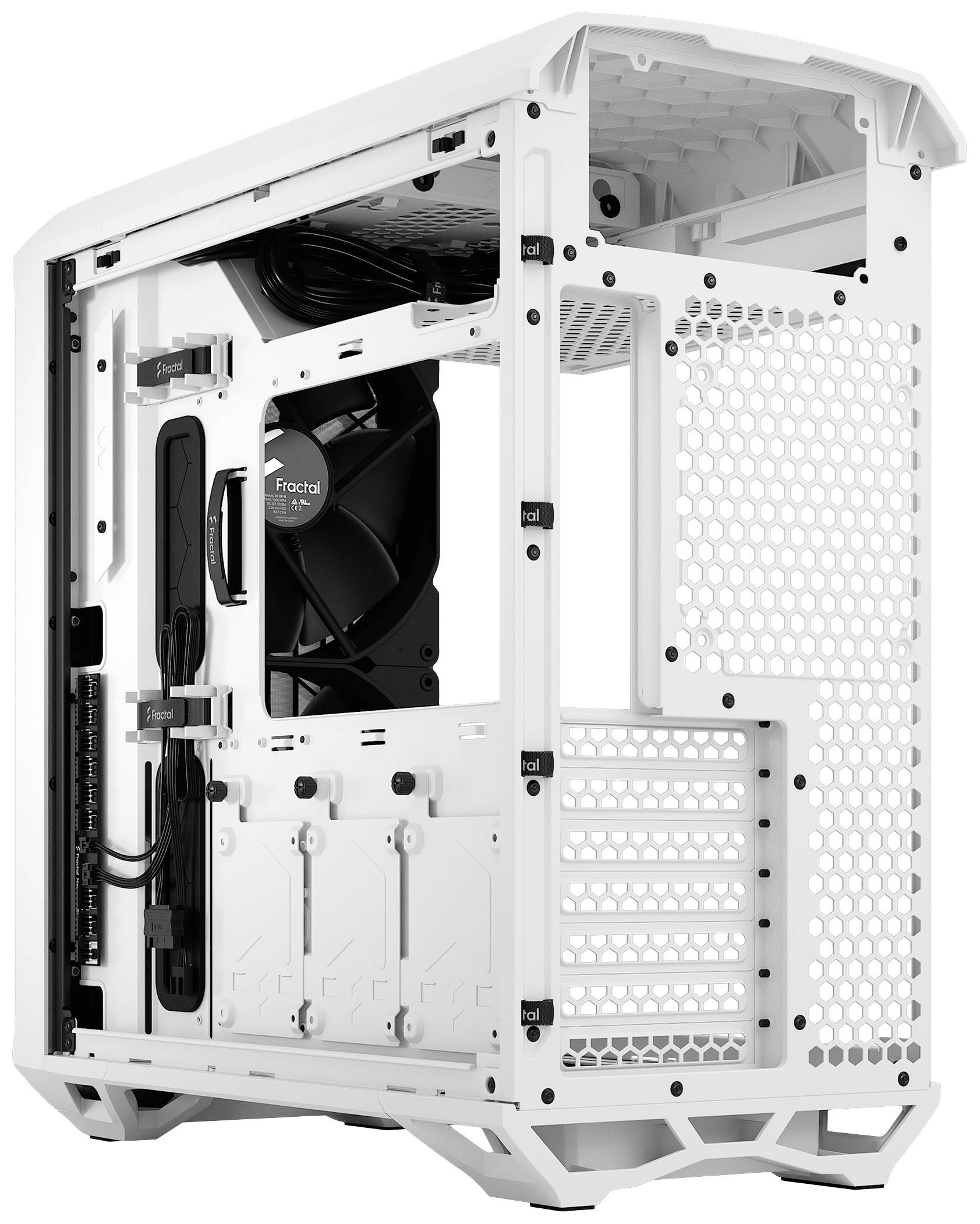 Weißes Computergehäuse mit offenen Seitenteilen, sichtbaren Lüftern und Kabeln. Geeignet für den Einbau von PC-Komponenten.
