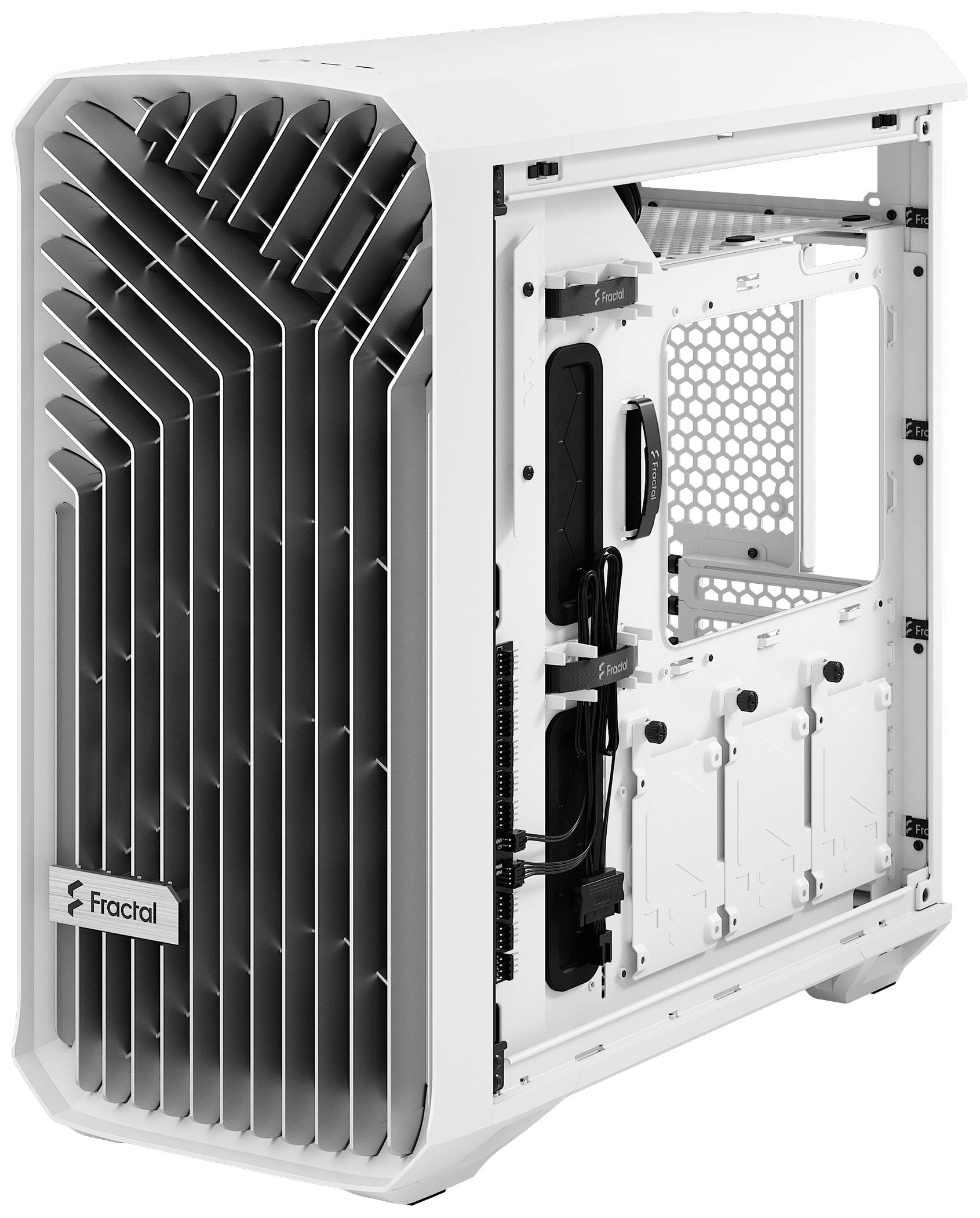 Ein weißes Computergehäuse mit offenem Innenraum und auffälliger Luftzirkulationsstruktur zeigt den Innenaufbau zur Hardwaremontage.