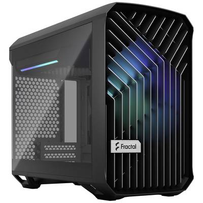 Schwarzes PC-Gehäuse mit modernem Design; transparente Seitenwand und leuchtende LED-Streifen innen. Marke: Fractal.