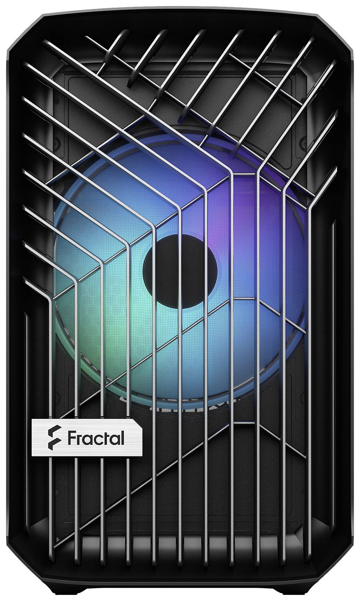 Gaming-PC-Gehäuse von Fractal mit RGB-Beleuchtung, vertikalem Gitterdesign und Markenlogo unten links.
