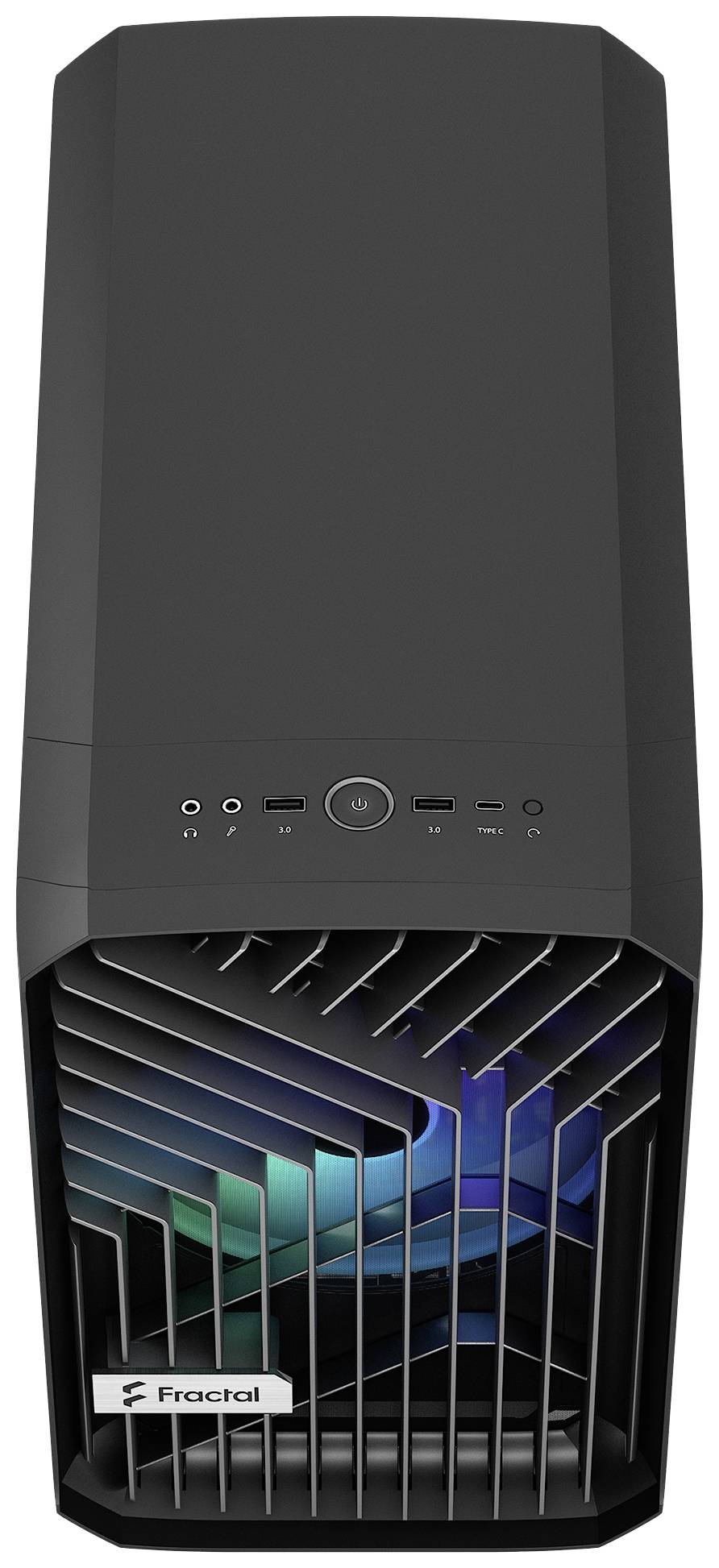 Ein schwarzes Computergehäuse mit gekrümmten Belüftungsgittern an der Vorderseite, LED-Leuchten im Inneren, Markenlogo "Fractal".