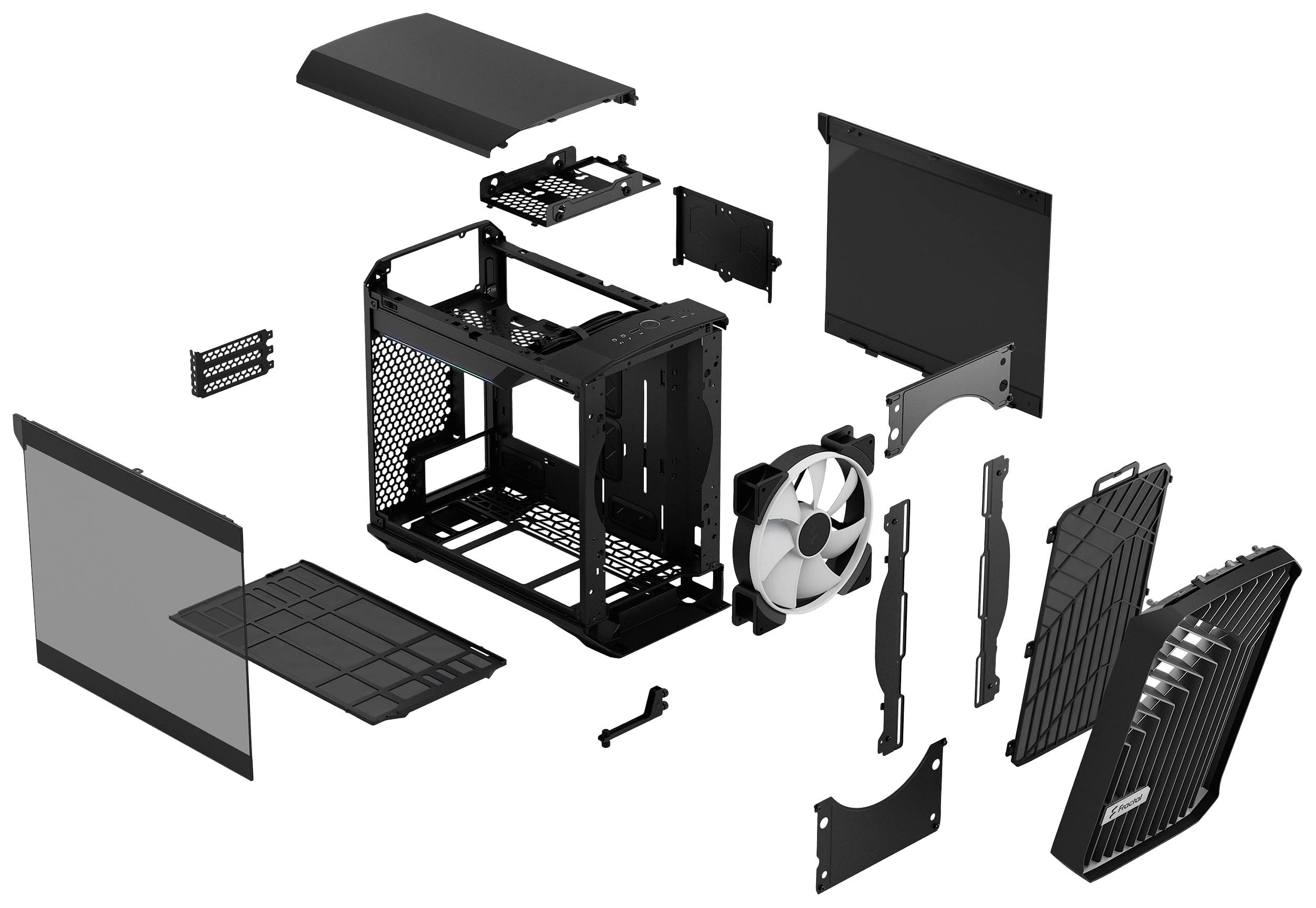 Explodierte Ansicht eines Computergehäuses mit deutlichen Einzelteilen wie Gehäuse, Lüfter, Seiten, Ober- und Vorderseite.