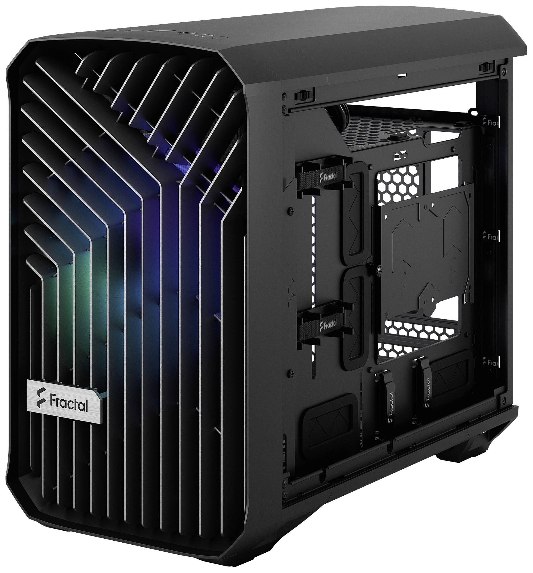 Schwarzes Computergehäuse von Fractal mit offenem Design und bunten Lichteffekten, sichtbar durch diagonale Gitter an der Vorderseite.