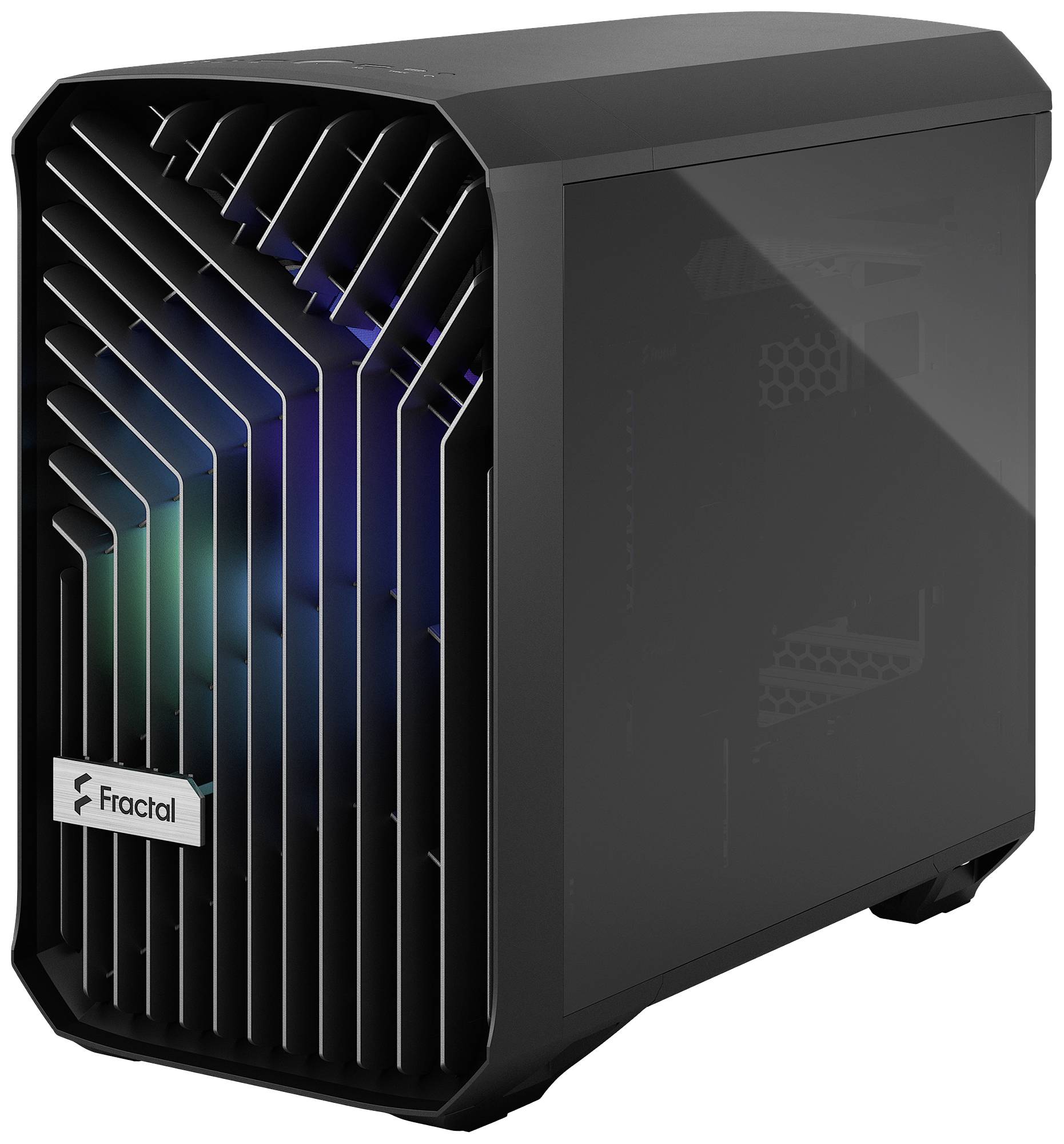 Schwarzes Computergehäuse der Marke Fractal mit markantem Frontgitter und seitlichem Glaspanel. Subtile, bunte LED-Beleuchtung erkennbar.