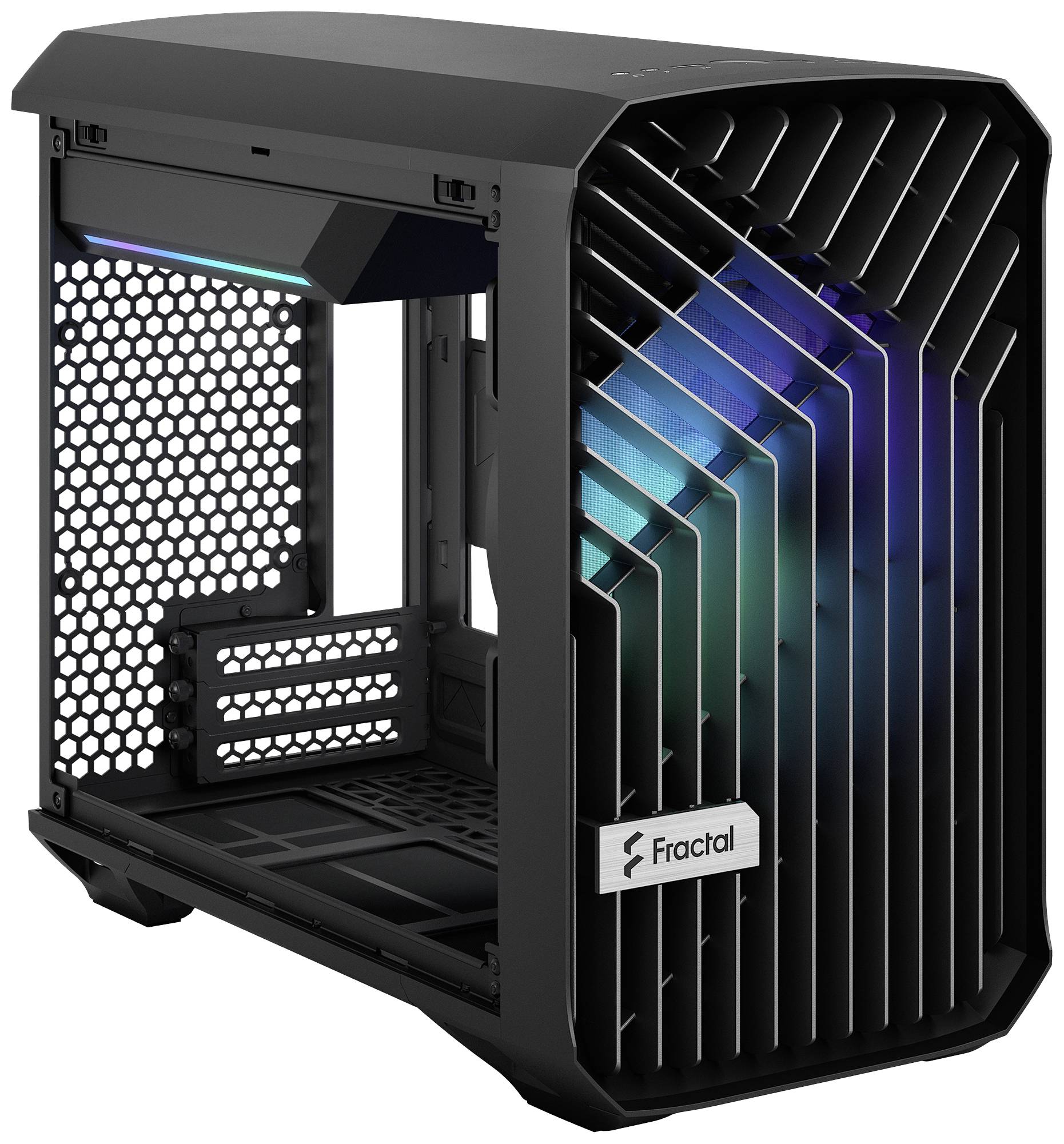 Ein offenes PC-Gehäuse von Fractal mit einem modernen, gitterförmigen Design und RGB-Beleuchtungselementen im Inneren.